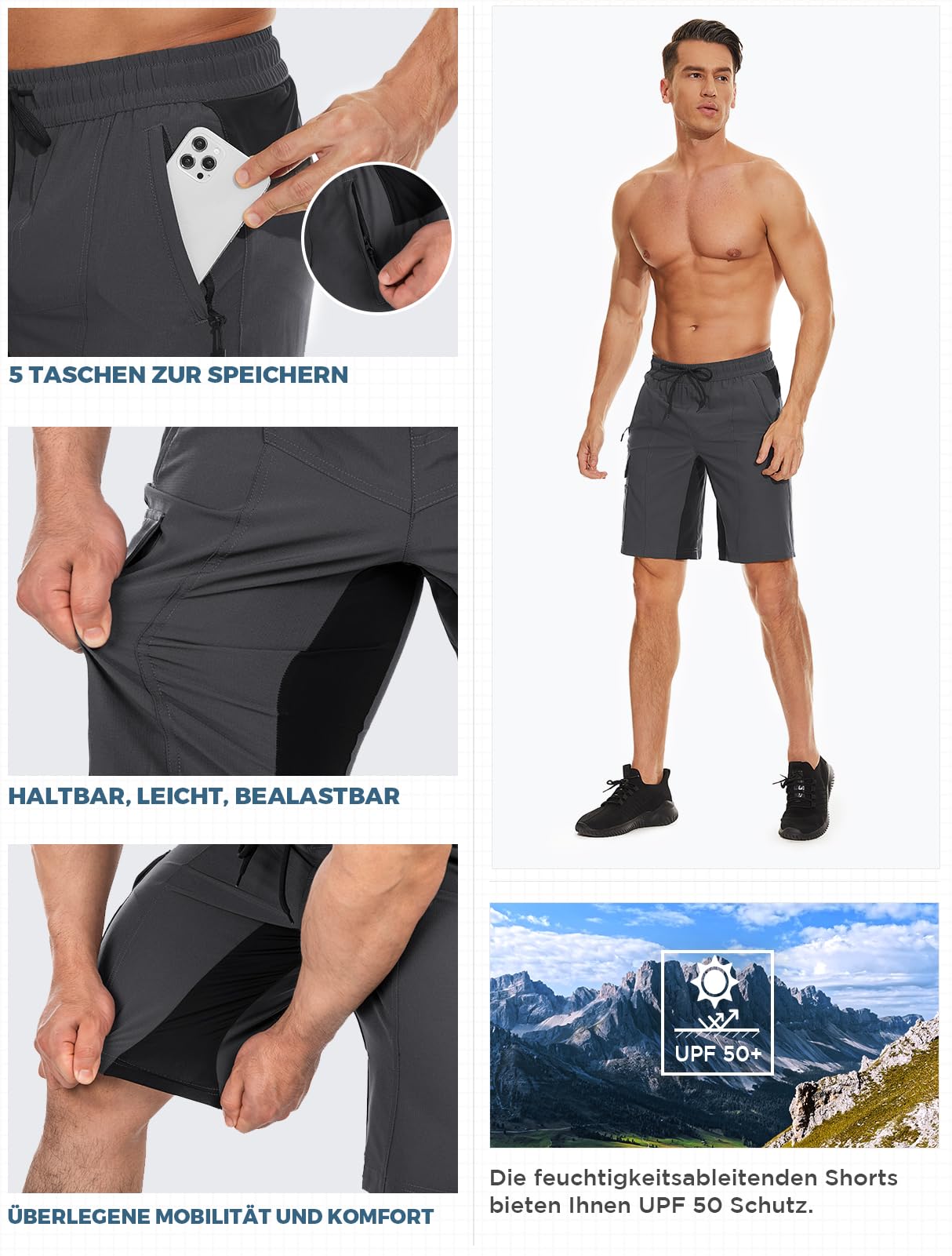 Wespornow Pantaloncini Uomo Bermuda con 5 Tasche, Pantaloncino Ciclismo MTB Sportivo da Esterno Rapido Asciugamento, Biciclette Shorts Funzionale Stretch per Lavoro Escursionismo e Trekking