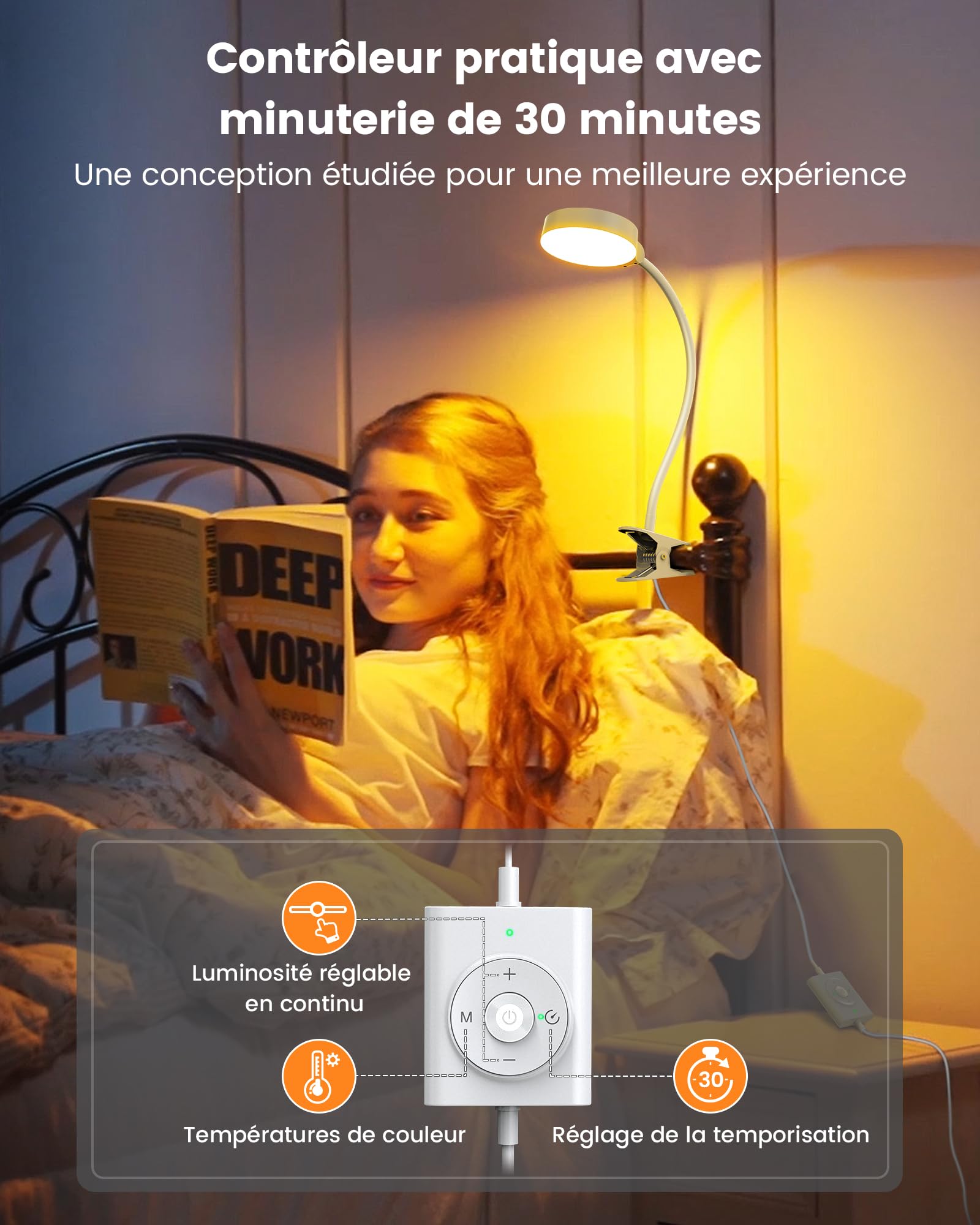 Glocusent Lampe de Lecture à Pince, 5W, 3 Couleurs, minuterie, pince stable | 36 LED, 5 Niveaux, lumière douce pour les yeux, réglage flexible, pour lit, bureau et chambre d'enfant