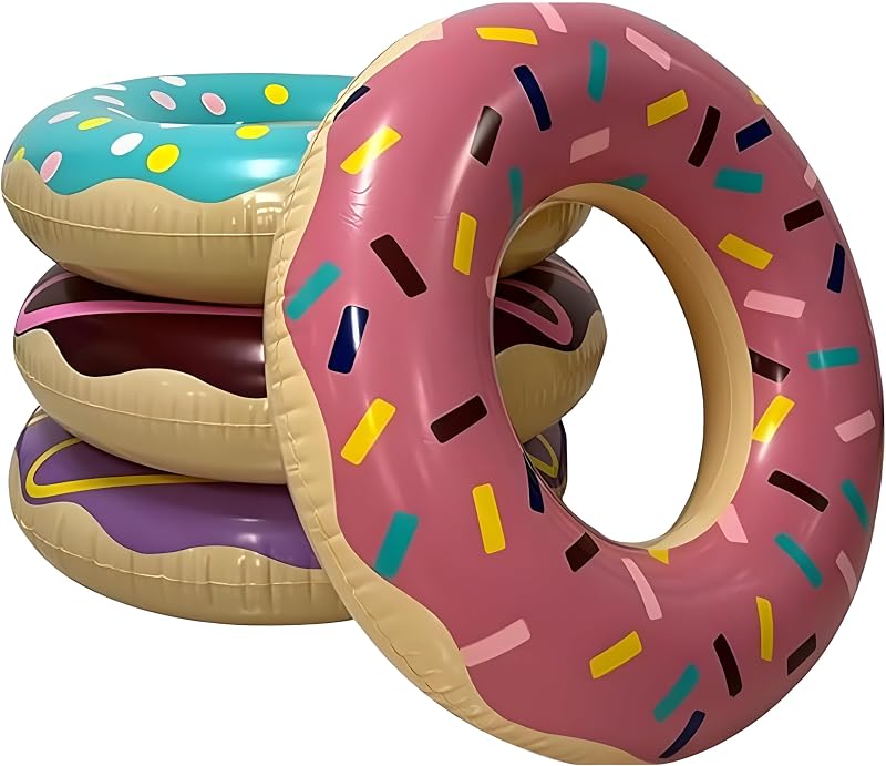 4E's Novedad Paquete de 4 flotadores de pileta tipo donut para niños y adultos, anillos de natación de 30 pulgadas, flotadores para pileta, donut inflable para decoraciones de fiestas, juguetes de playa, flotadores flotantes de agua para lago flotante