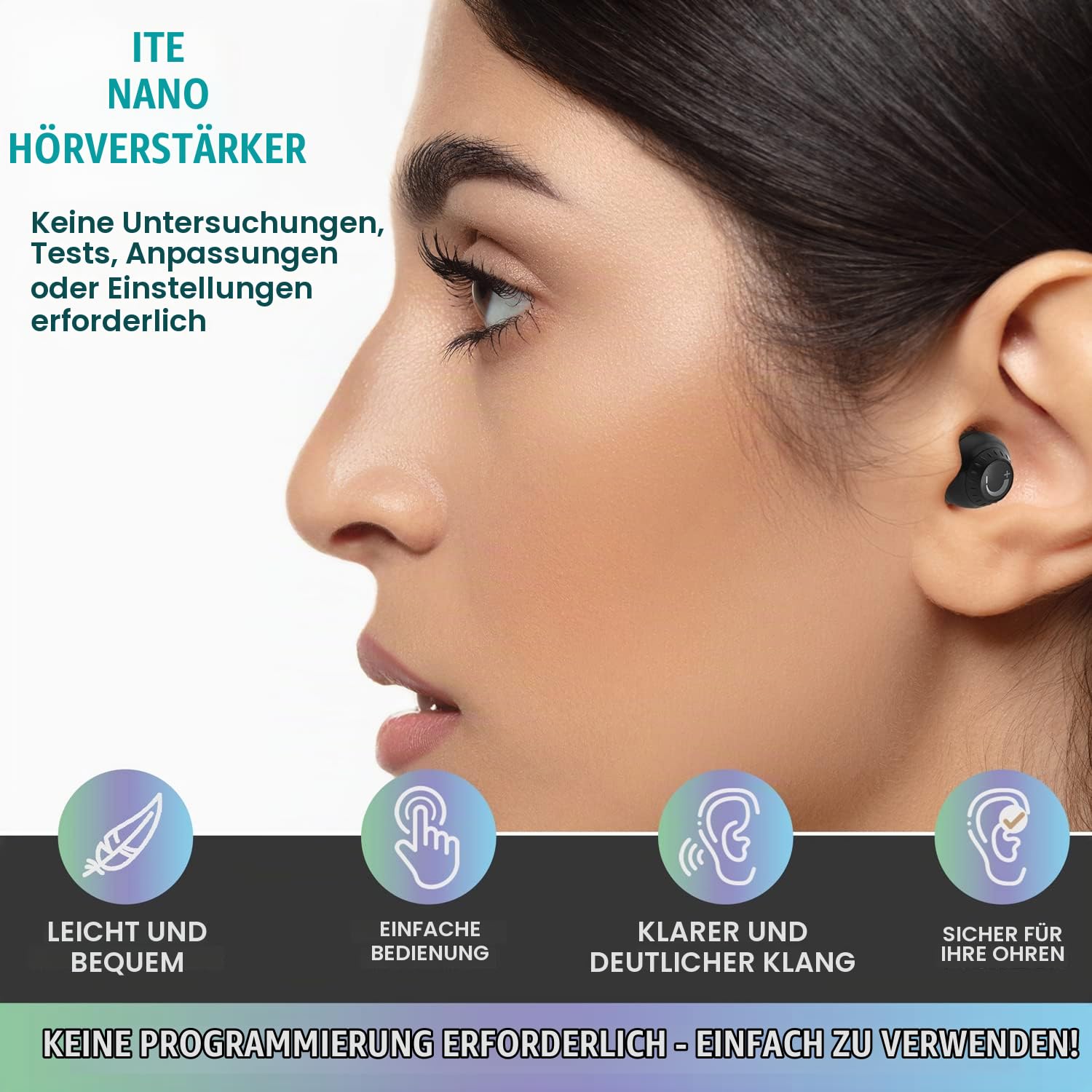 Mini Digital – ITE wiederaufladbar – leichtes Gerät mit Geräuschunterdrückung, In-Ear-Erkennung und Lautstärkeregler für Erwachsene und Senioren, Schwarz