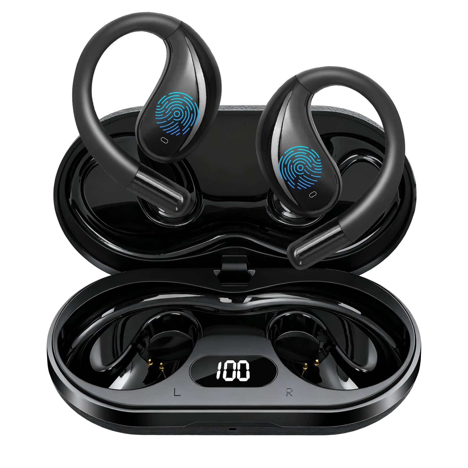 Open Ear Clip Wireless Earbuds Bone Conduction Headphones, Bluetooth 5.4, Conduction Headphones with 60Hrs Stereo Sound, Open Ear Design for Running Fitness,Built-in Mic,LED Display Charging Case