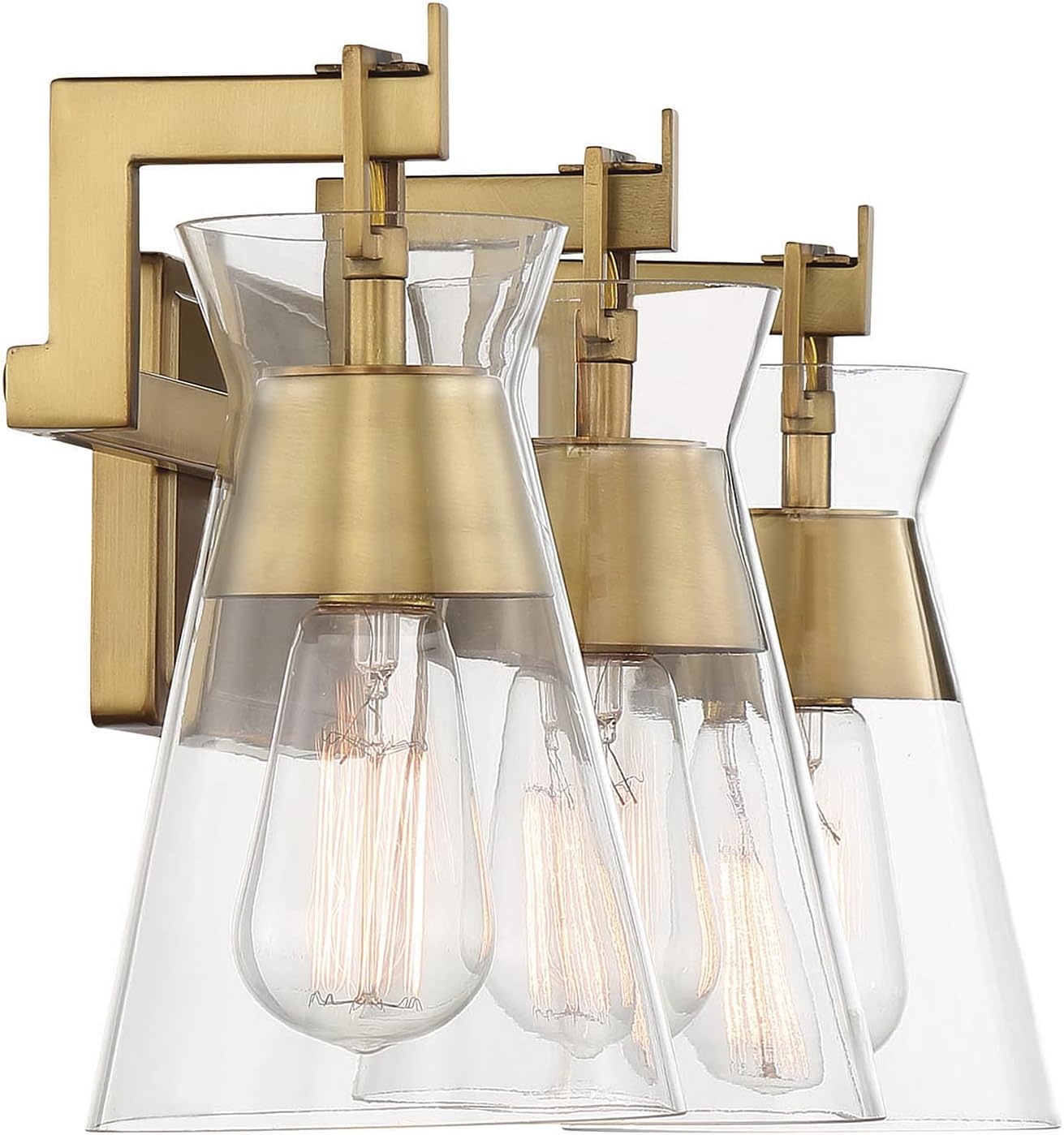 Savoy House 8-1830-3-322 Lakewood Mid-Century Modern Vintage Clear Glass Bathroom Vanity Wall Light, 3-Light 180 Total Watts, 10" H x 24" W, Warm Brass
