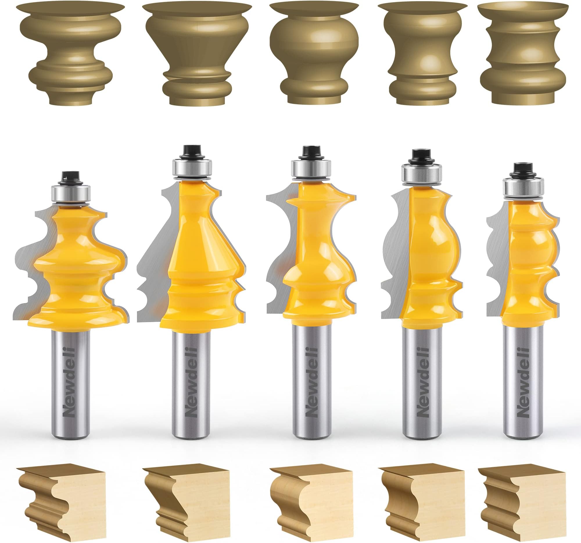 Newdeli Architectural Molding Router Bit Set 5 PCS 1/2-Inch Shank, Corner Rounding Edge-Forming Roundover Beading Router Bit Set, Woodworking Milling Cutter Tools, Carbide Cutter CNC Router