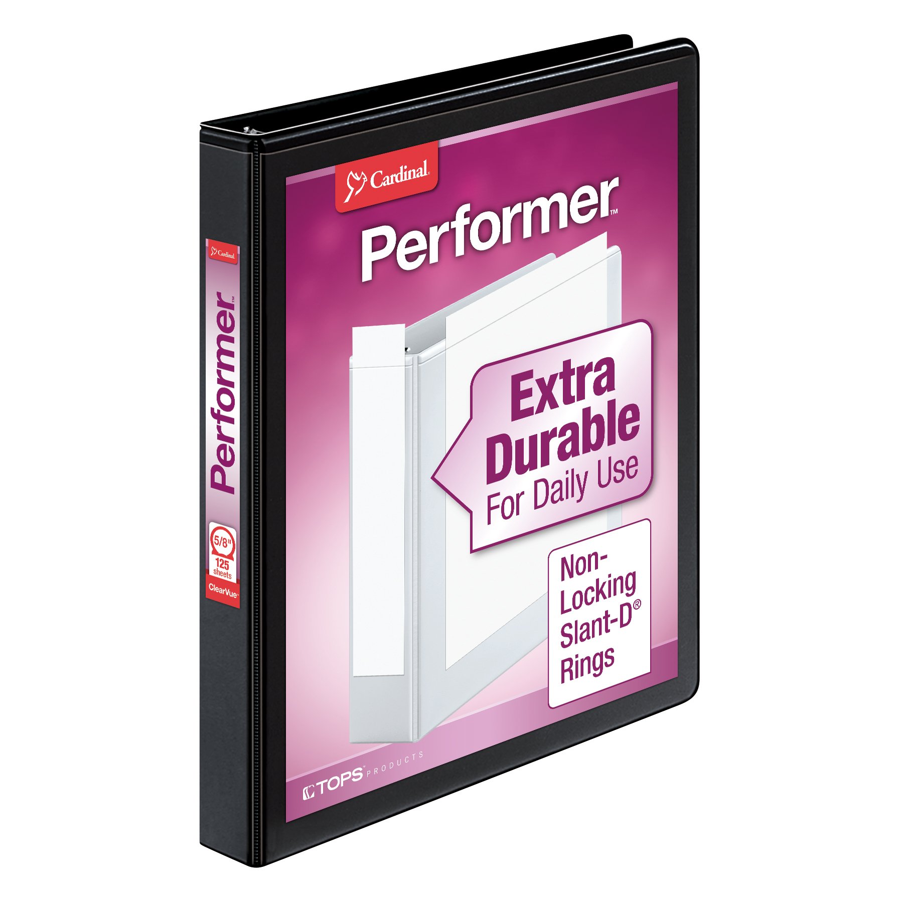 Cardinal 3 Ring Binder, 5/8 Inch Performer ClearVue Binder, Round Rings, 125-Sheet Capacity, Customizable ClearVue Covers, PVC-Free, Black (67125)