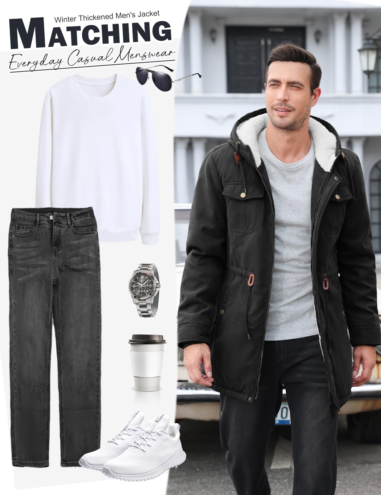 Parka Hombre Abrigo Invierno Con Forro Polar Chaqueta Cortaviento y Cálido con Capucha Largo Winter Jacket Chaqueta de Moda Pocket Coat