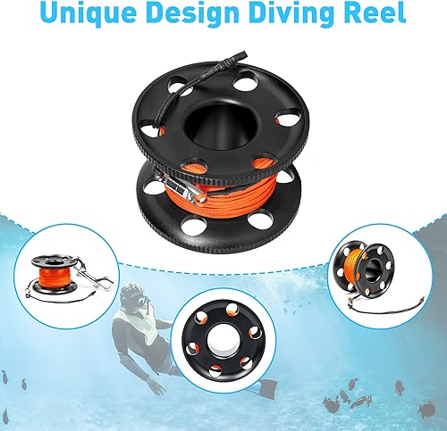 Miniatura 6 de Carrete de buceo de 100 pies, carrete de buceo grande de aleación de aluminio con clip de perno de doble extremo para buceo subacuático, esnórquel,