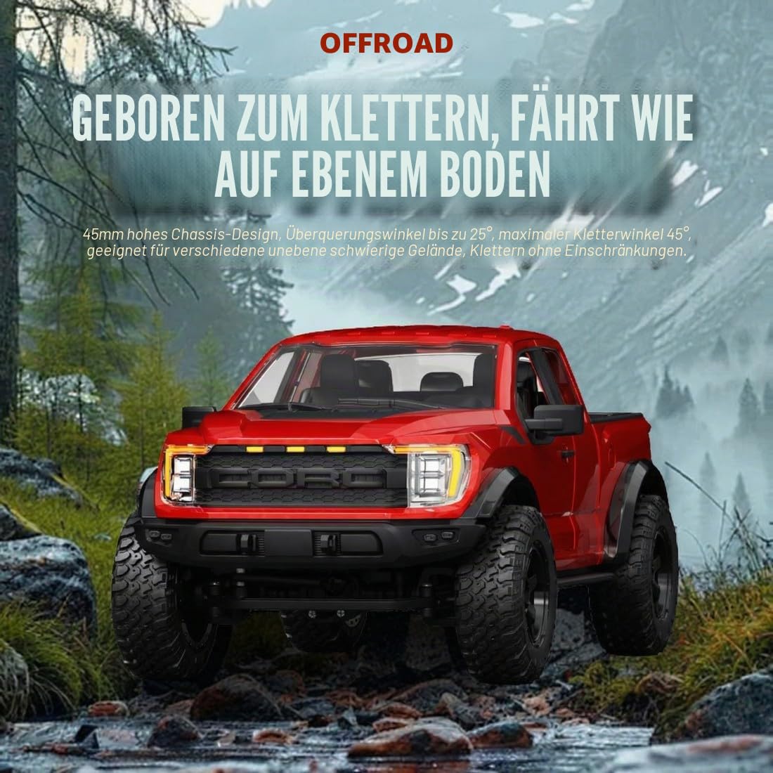F-150 Raptor 4WD RC Truck 1:12 Ferngesteuerter Auto Offroad-Pickup Mit High-Speed-Motor, LED Beleuchtung Und Einzelradaufhängung (R12-01Q / Tarnmuster Grün / 3 Akkus)