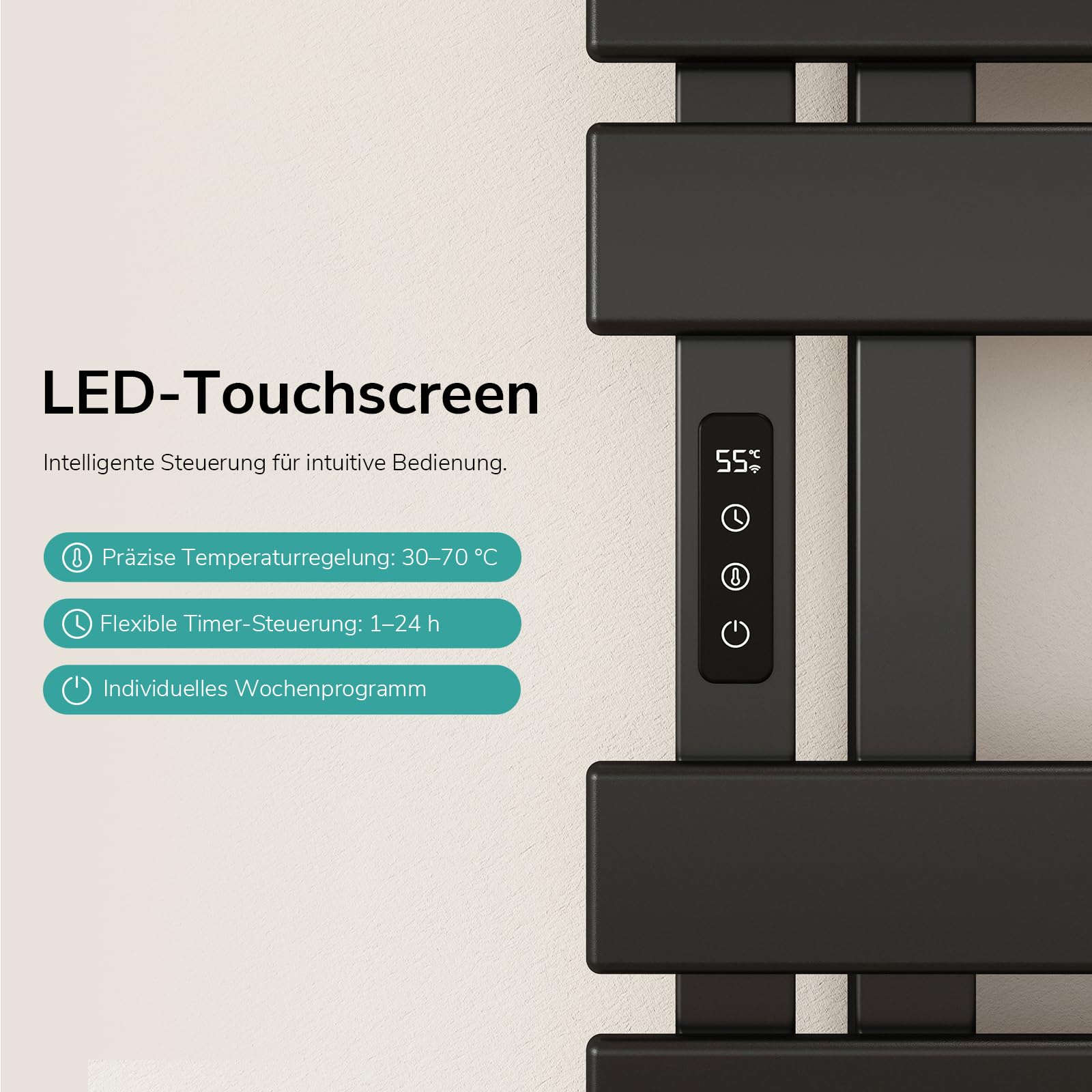 EMKE Elektrischer Badheizkörper 850x400 mm, Intelligenter Handtuchheizkörper mit WiFi-App-Steuerung, Timer & Thermostat, Handtuchwärmer zur Wandmontage, 230 Watt, IP45, Schwarz