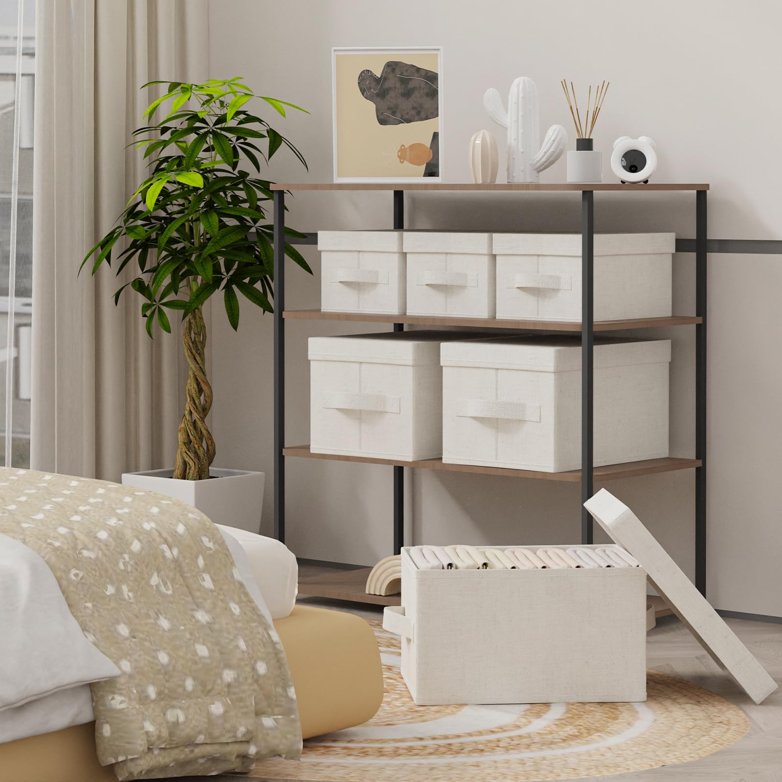 ENUMAIL 3er Scatole di Stoccaggio, Contenitore in Tessuto con Coperchio, Organizzatore di Vestiti con Maniglia, Utilizzato in Camera da Letto o Soggiorno, 33x23x18cm, Beige