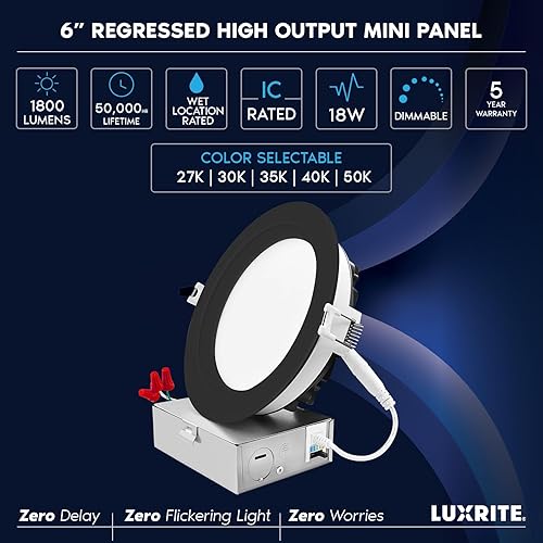 Miniatura 7 de LUXRITE Lámpara de techo empotrable LED de 6 pulgadas con caja de conexiones, 18W, 5CCT 2700K3000K3500K4000K5000K, alto brillo de 1800 lúmenes, luz