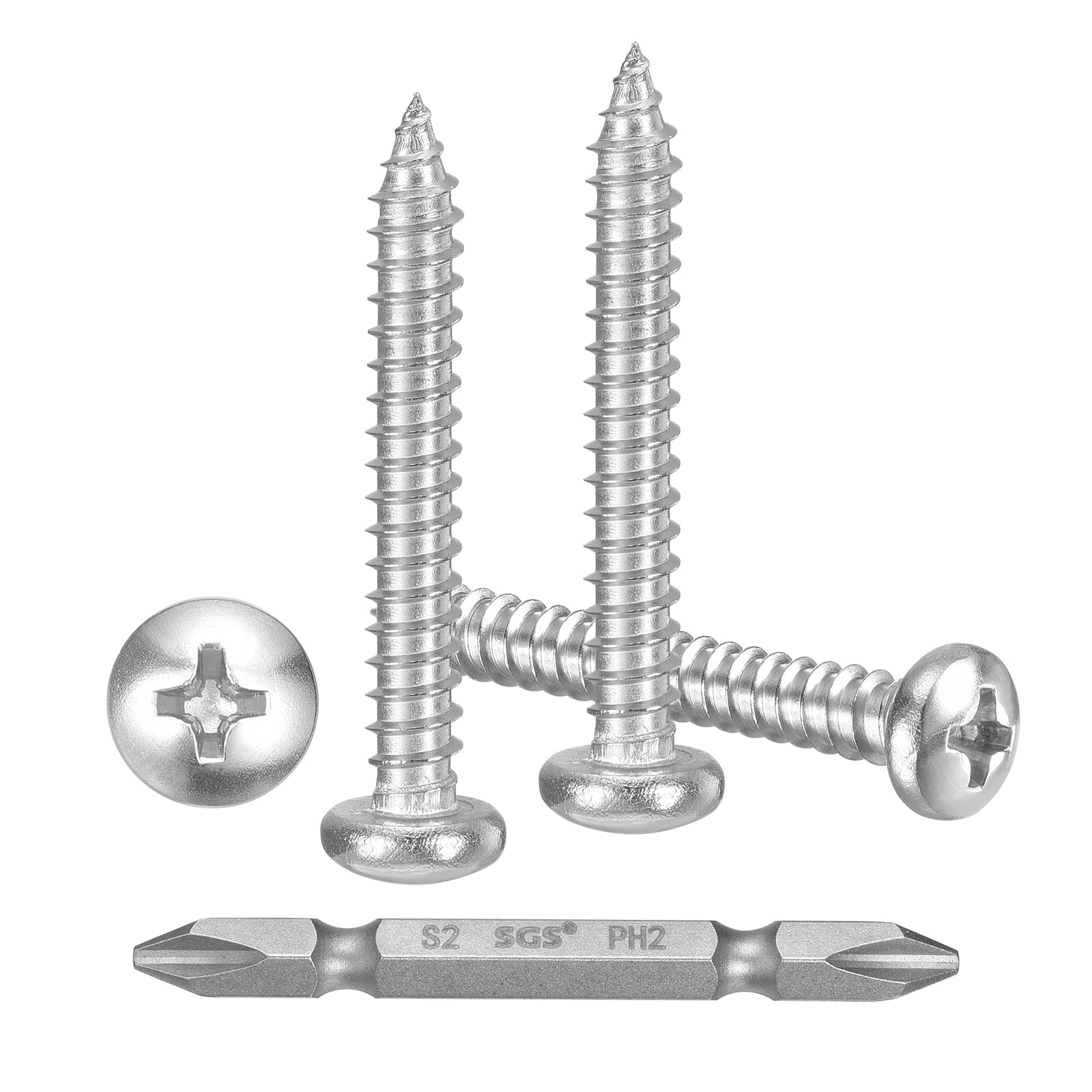 METALLIXITY Phillips Pan Head Self Tapping Screws(#8x1-1/4") 50Pcs, 304 Stainless Steel Self Drilling Screw for Metal Wood Plastic with Bit, for Cabinet Wall Shutter Plate Furniture, Silver