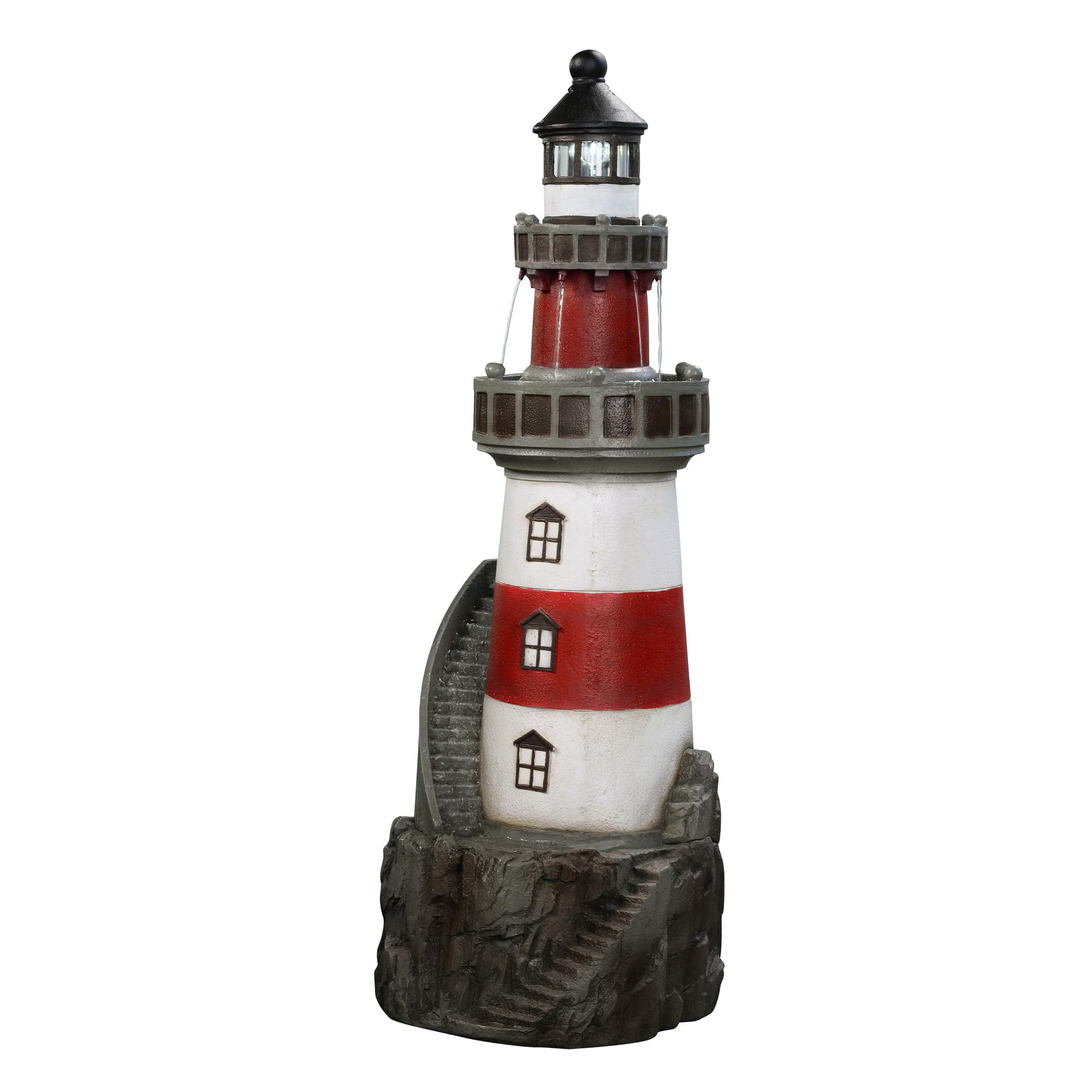 Teamson Home House Floor Waterfall Fountain with Solar Powered Rotating Light and Pump for Outdoor Patio Garden Backyard Decking, 40 Inch Height, Red/White/Gray