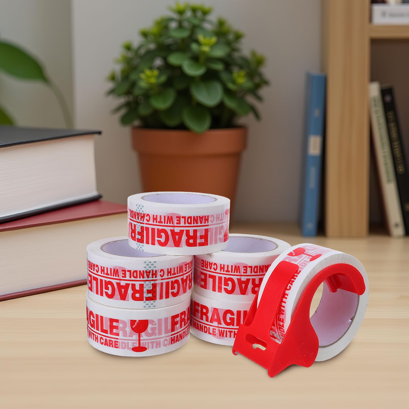 Vorsicht Zerbrechlich Klebeband 6 Rollen mit Abroller Rot | Pvc, Kunststoff und Eisen, für Versandkartons, 7 Stück Ausstattung für Shipping und Ordnung