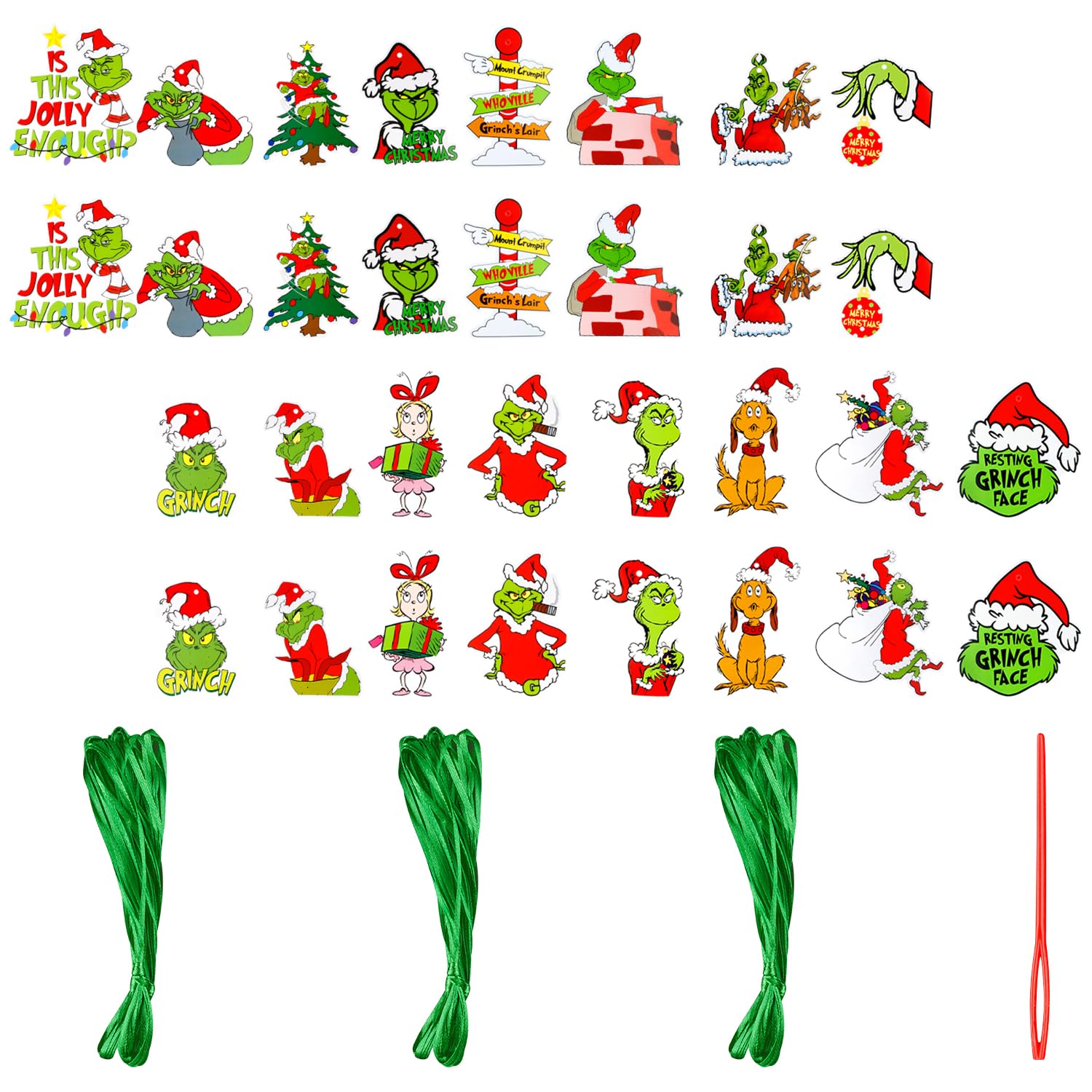 Rumyve 32pcs Christmas Hanging Ornaments,Grinch Pendants,Cute Paper Cutouts Hanging Sign Decor for Hanging on Xmas Tree,Winter Holiday Party Supplies