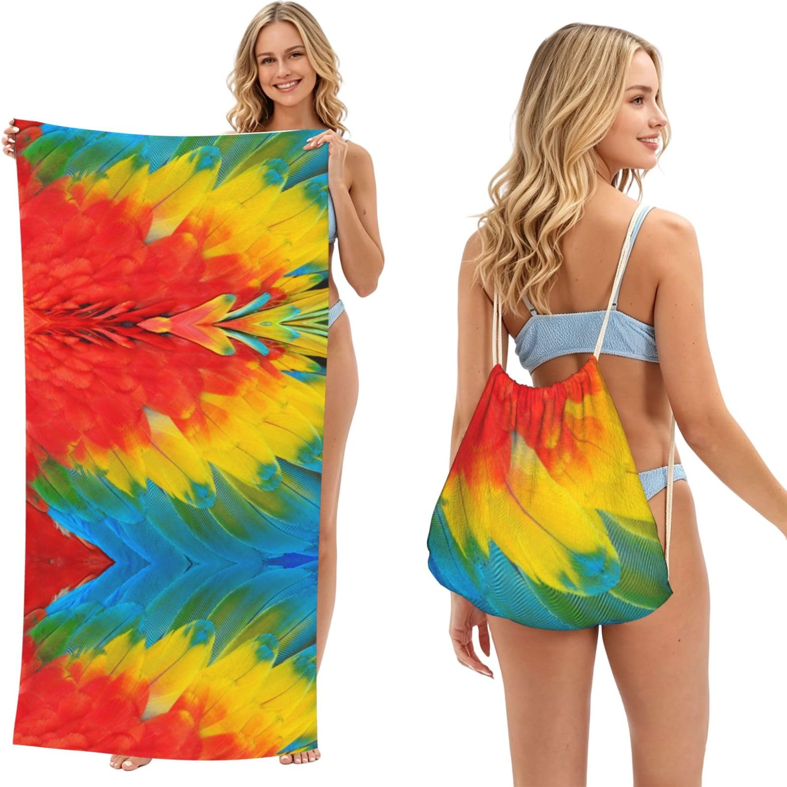 EZDLOWVBA Fantastic Parrot Feather Print Beach Towel Backpack 2 In 1 Summer Large Lightweight Beach Towel - Multifunctional Ship Pattern Towel Bag For Storage,Sport