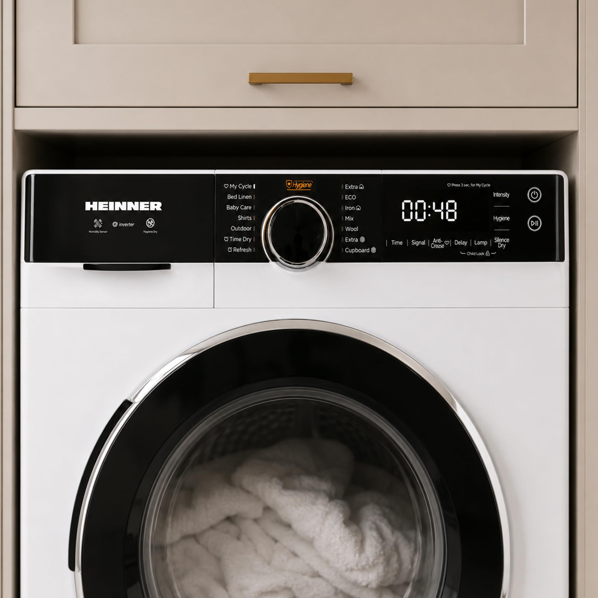 HHPD-M9K3A+++ Wärmepumpentrockner – 9 kg Fassungsvermögen, Energieklasse D, LED-Display, Sensor-Trocknung, 15 Programme, schonende Trocknung, Weißes Design, 5 Jahre Garantie