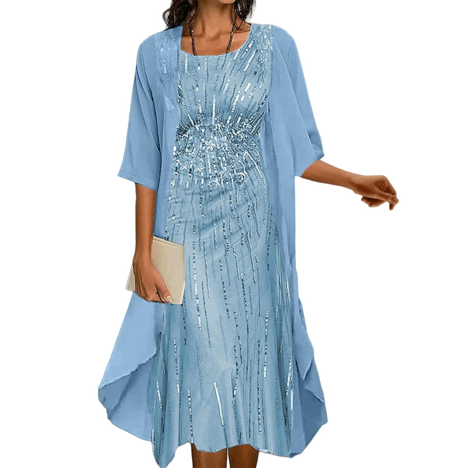 Vestiti a Maniche Lunghe Set di Abiti in Chiffon Due Pezzi Femminile, Elegante Abito con Paillettes O-saccello, da Banchetto per Feste Nozze, Vestito Sera, Abbigliamento Donna Casual Moda