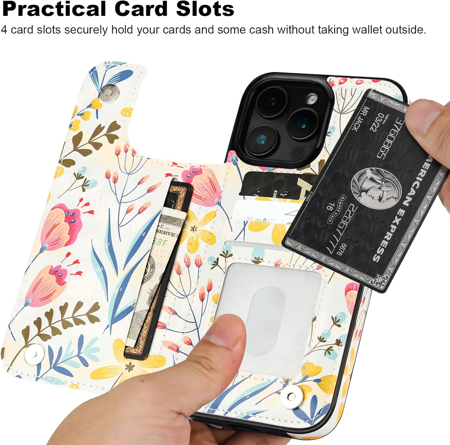 HAOPINSH for iPhone 16 Pro Max Wallet Case with Card Holder, Floral Flower Pattern Back Flip Folio PU Leather Kickstand Card Slots Case for Women Girls, Double Magnetic Clasp Shockproof Cover 6.9" - Image 3