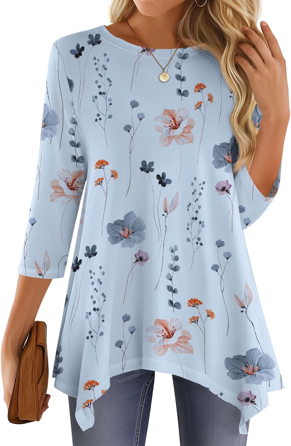 JUSTFASHIONNOW 3/4 Length Sleeve Tunic Tops for Women Loose Fit Dressy Casual Blouses Shirts with Asymmetrical Hem S-3XL - Image 2