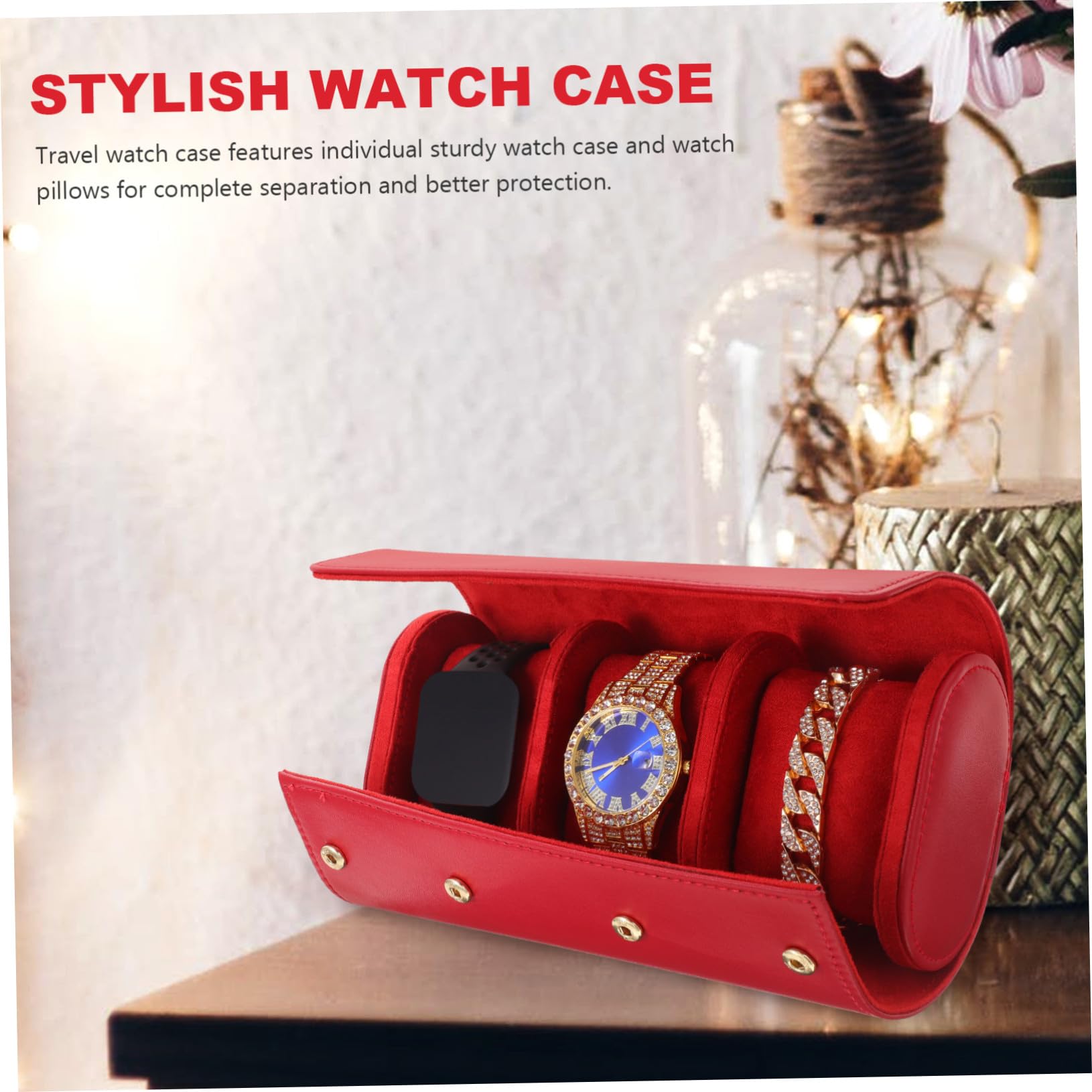 COLLBATH Estuche de Cuero Rojo Elegante y Fácil de Transportar para Reloj 3 Compartimentos Adecuado para Viajeros y Entusiastas de Relojes