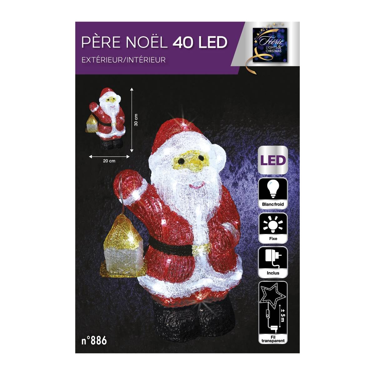 FEERIC LIGHTS & CHRISTMAS Papá Noel con Farol Luminoso Exterior H 30 cm 40 LED + Transformador