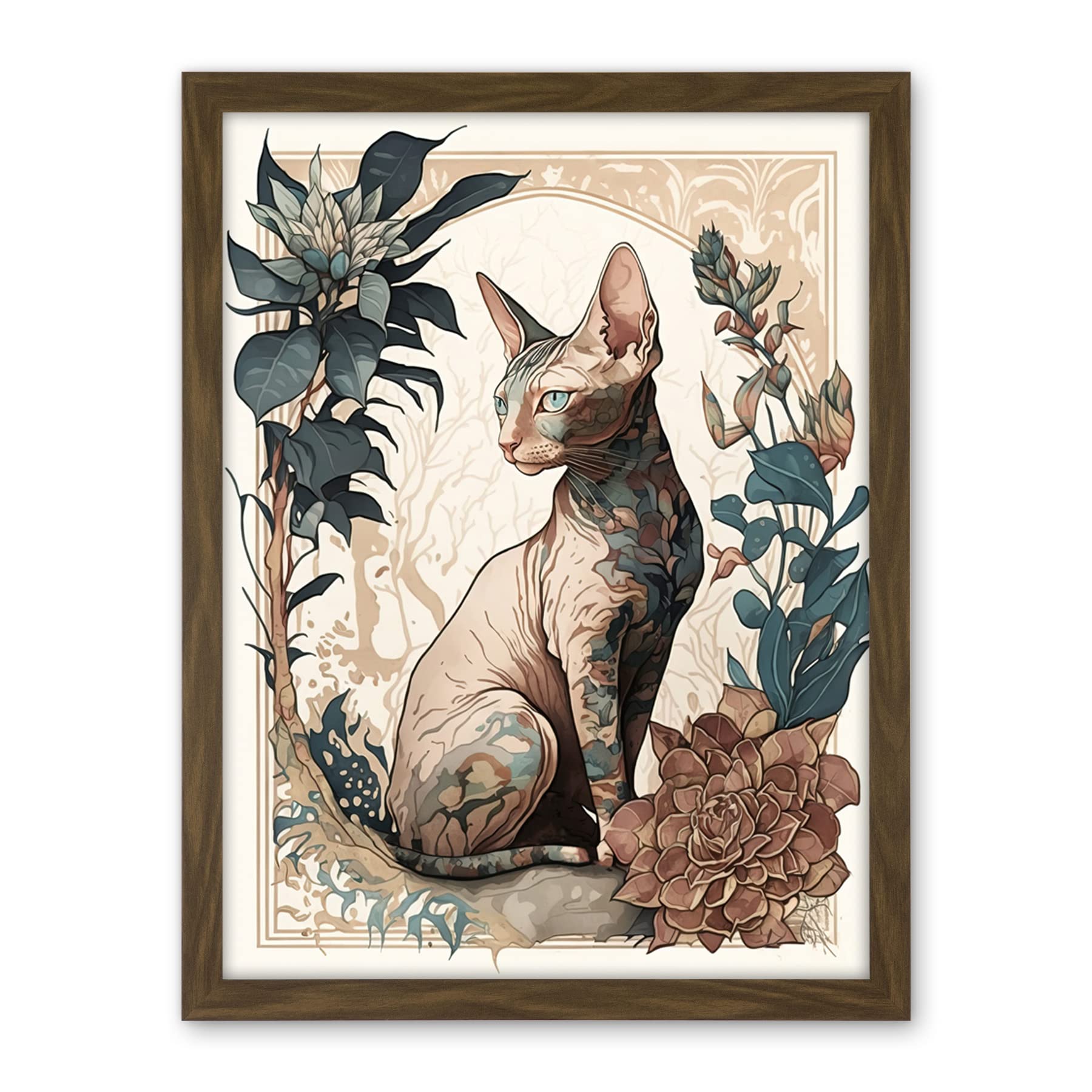 Artery8 Sphynx Cat with Flower Blooms Modern Art Nouveau Portrait Illustration Artwork Framed Wall Art Print 18X24 Inch