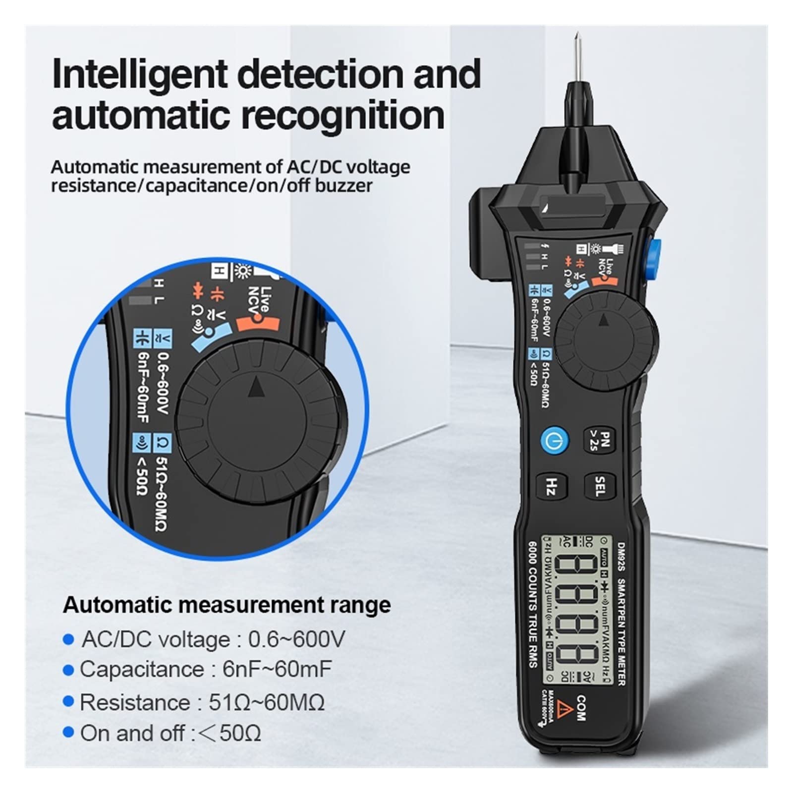 Multimetro digitale 6000 conteggi Penna tascabile Stile Gamma automatica/Multimetro intelligente Rilevamento NCV Tester di tensione CC/CA(DM92S Smart mode)
