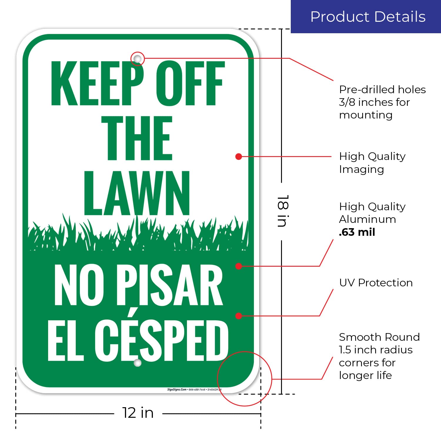 Keep Off The Lawn Bilingual Sign, 12x18 Inches, Rust Free .063 Aluminum, Fade Resistant, Made in USA