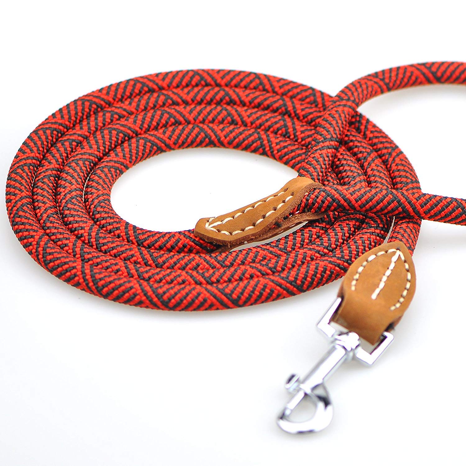 Mile High Life Correa de Cuerda de Perro de Escalada de montaña con Mango de Cuero(152 CM, Rojo) | Correa de cuerda, cierre de metal giratorio de 360° resistente, para perros pequeños, medianos y grandes (rojo, 60 pulgadas)