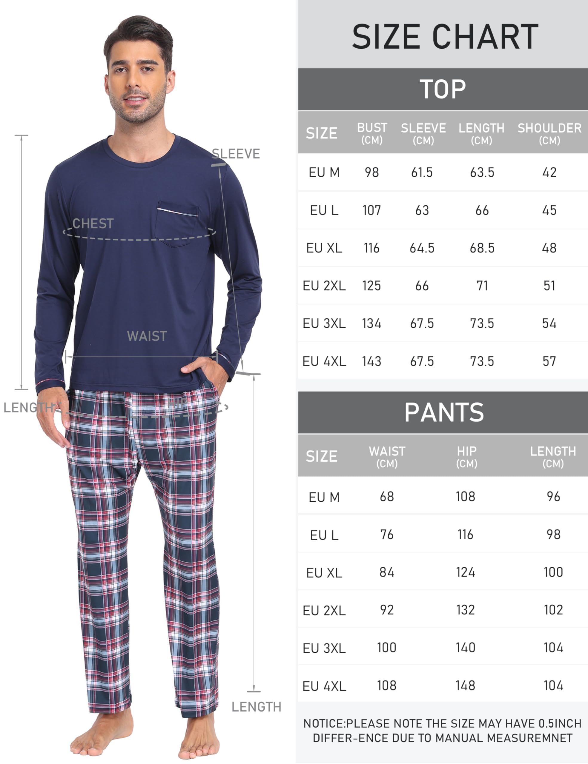 MoFiz Pijamas Largo Hombre Invierno Suave Cálido Ropa de Dormir Conjunto de Pijama Manga Larga Camiseta y Pantalón de Pijama a Cuadros con Bolsillos