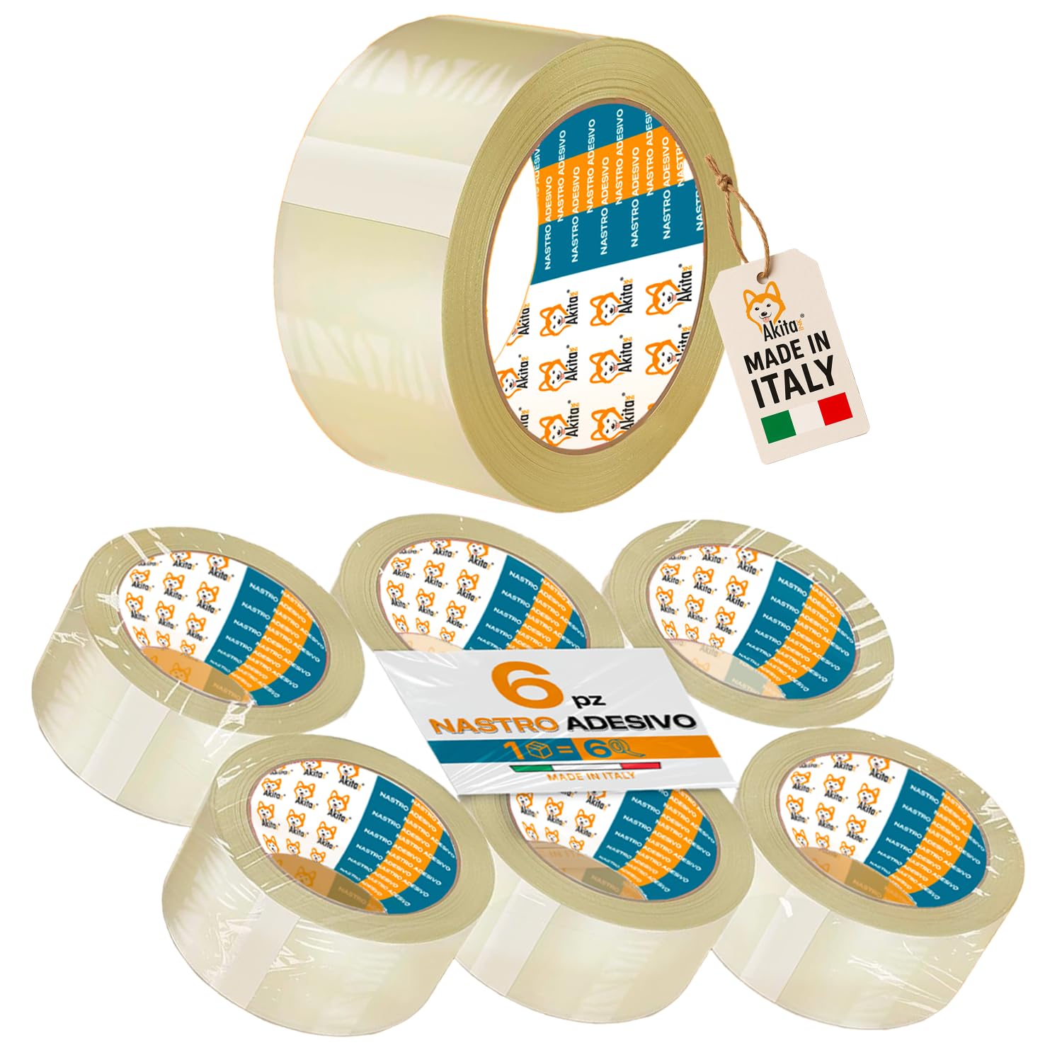 AKITAInk Nastro Adesivo Trasparente per Imballaggio 6 Rotoli – 50mm x 66m x 76mm – PP Silenzioso, Alta Aderenza, Resistente a Strappi – Ideale per Pacchi, Scatole, Spedizioni e Trasloco