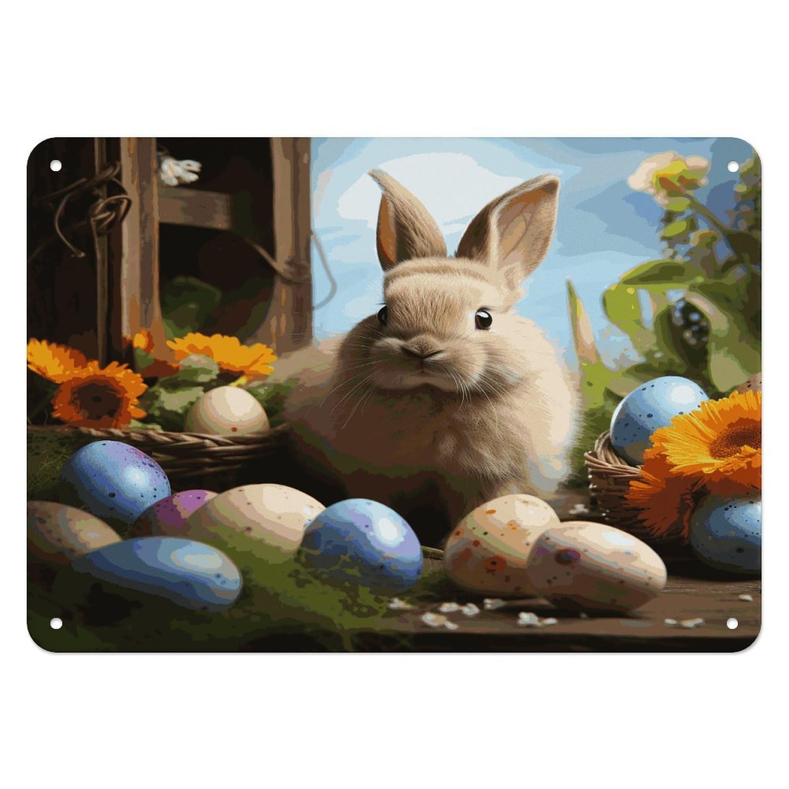 Fodpand Style Easter Rabbit And Easter Eggs Retro Vintage Metal Tin Sign,Wall Art Decor Garden Plaque Poster For Bedrooms Yard Bars Pubs Patios Porches 7.9X5.5 Inch