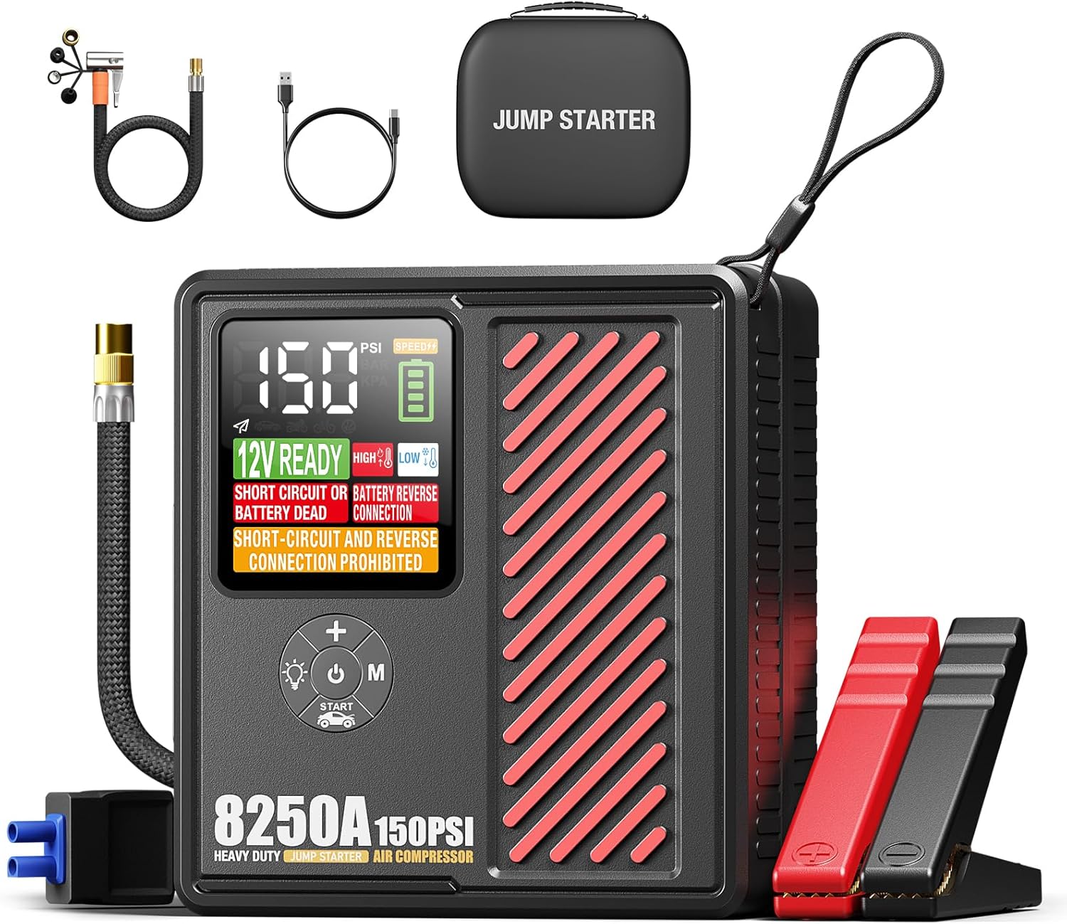 8250A Jump Starter with 150PSI Air Compressor, 12V Car Battery Booster, 24000mAh Portable Tire Inflator for 12L Gas/10L Diesel, LED Display, LED Light, Storage Case, Jumper Cables Red