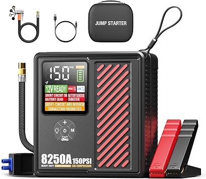 JFEGWO 8250A Jump Starter with 150PSI Air Compressor, 12V Car Battery Booster, 24000mAh Portable Tire Inflator for 12L Gas/10L Diesel, LED Display, LED Light, Storage Case, Jumper Cables Red