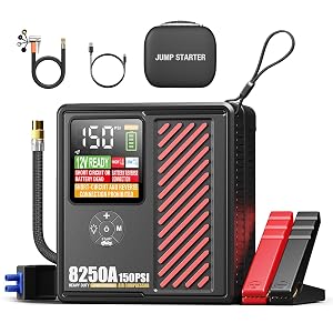 8250A Jump Starter with 150PSI Air Compressor 12V Car Battery Booster 24000mAh Portable Tire Inflator for 12L Gas