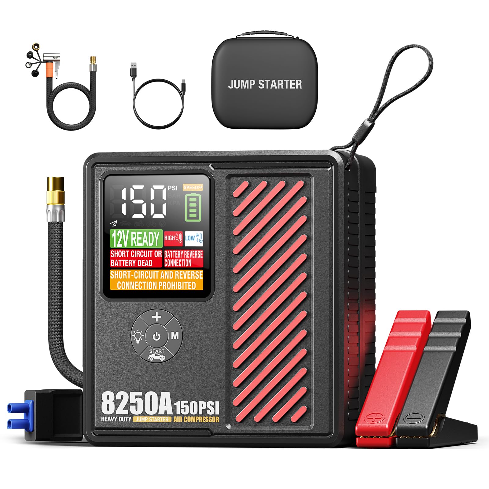 8250A Jump Starter with 150PSI Air Compressor 12V Car Battery Booster 24000mAh Portable Tire Inflator for 12L Gas