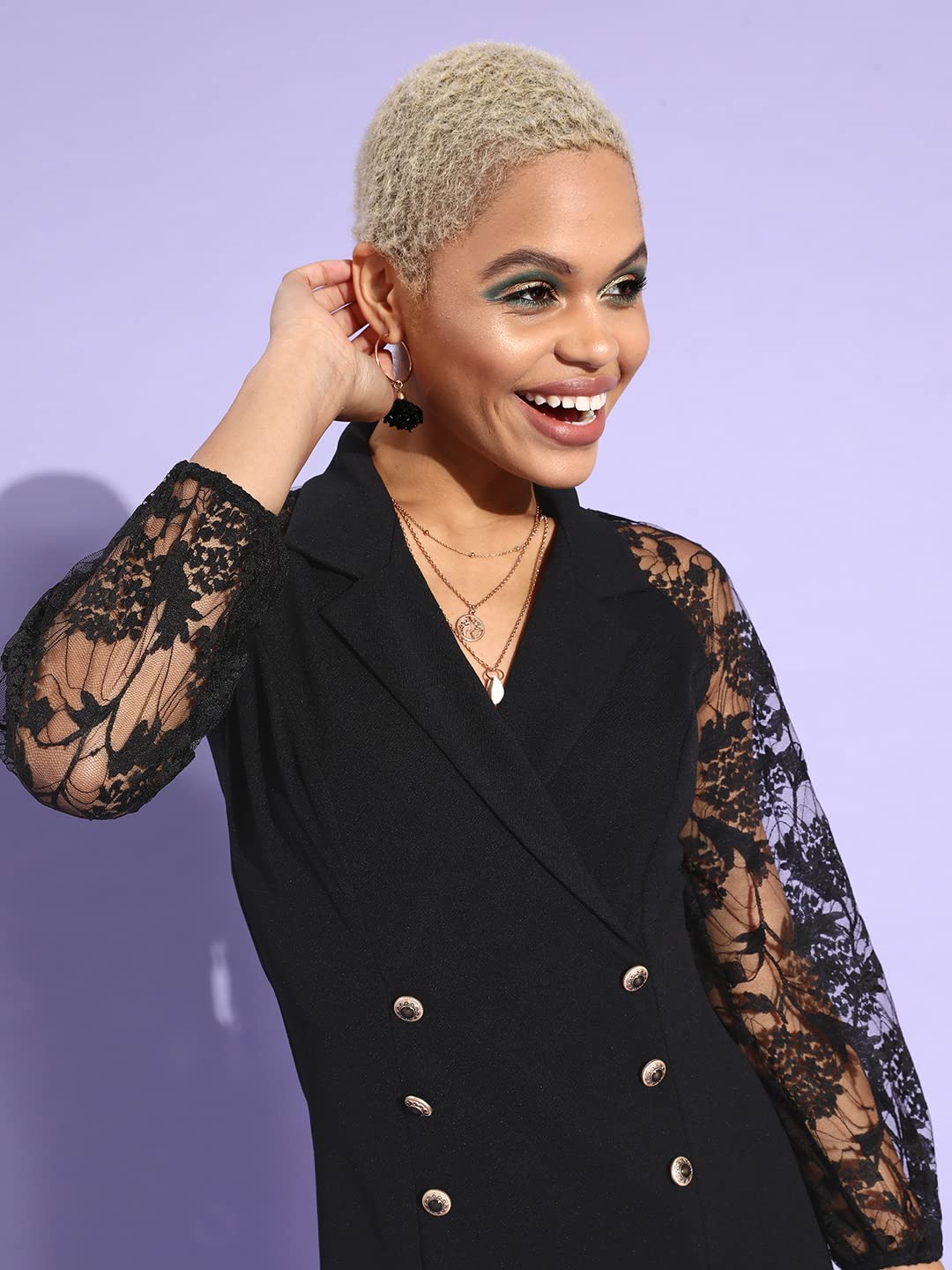 Miss Chase Women's Black Notch Collared Solid Ruffled Knee Length Dress (Mcaw21D13-28-62-06, Black, Xl)