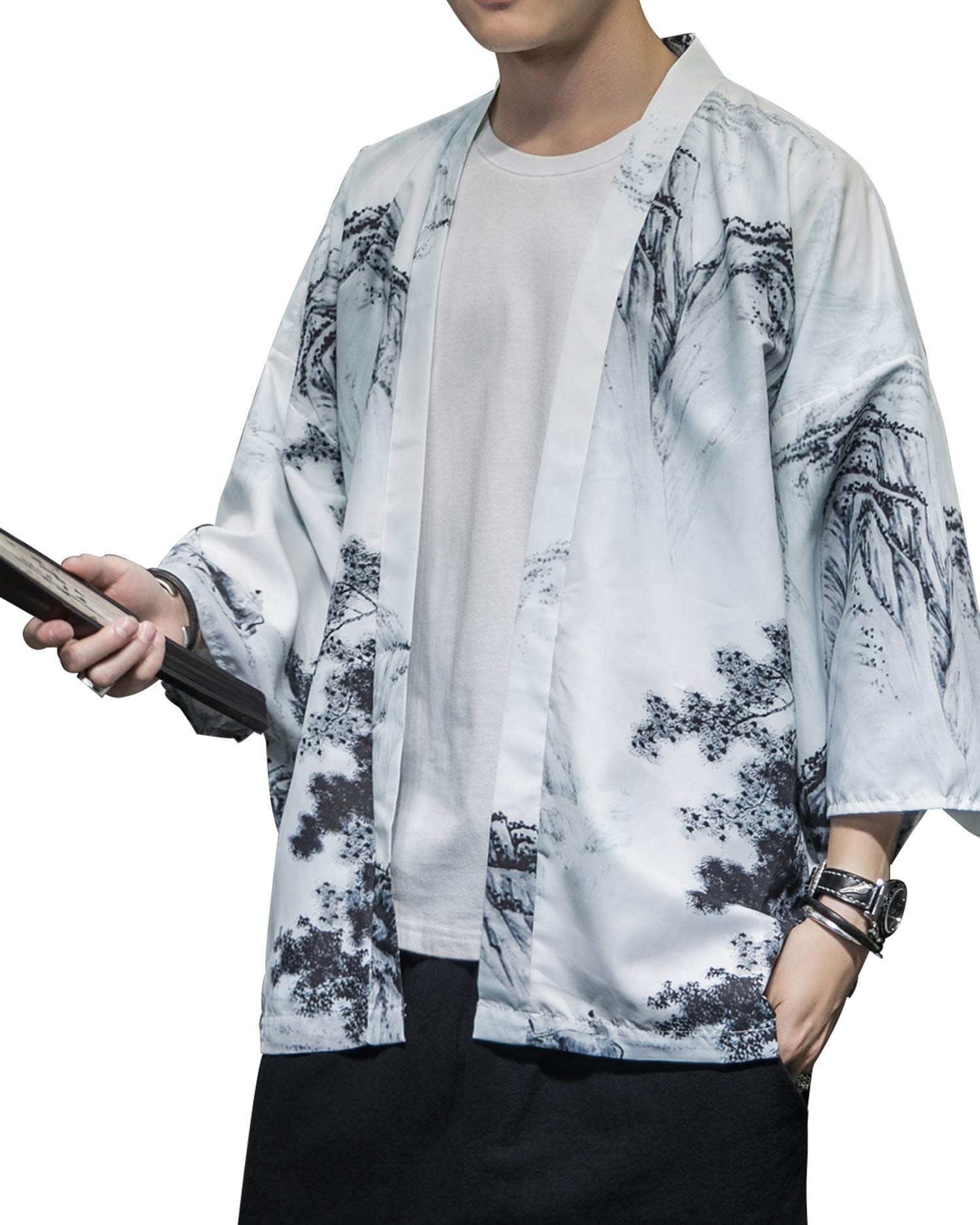 PRIJOUHE Men's Japanese Kimono Robe Jacket 3/4 Sleeve Open Front Yukata
