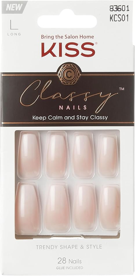 KISS Classy French Nail Manicure Kit with Gel Finish, Long, Coffin Shaped, Includes Mini Nail File, Manicure Stick, 28 Fake Nails & Pink Glue (Net Wt. 2 g), ‘Be-You-Tiful’, 28 Count