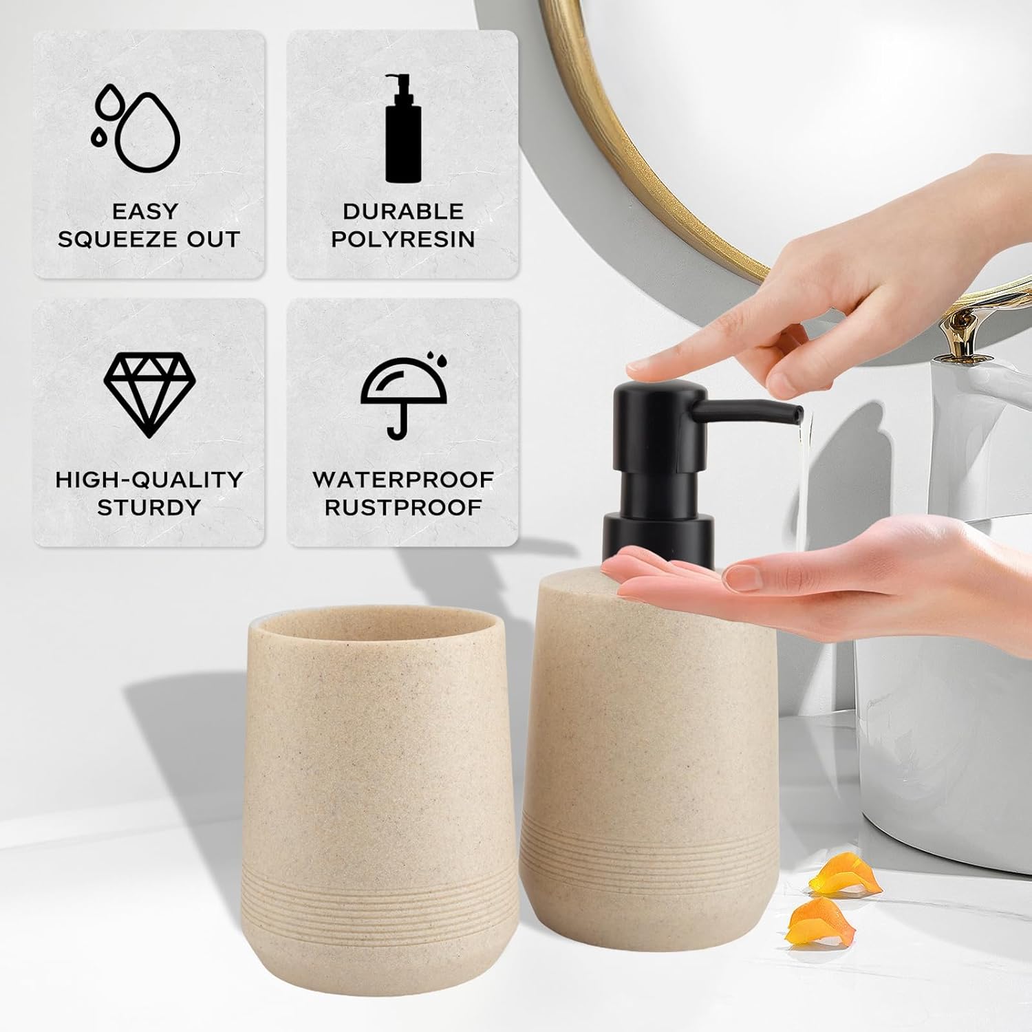 Bathroom Accessories Set, 2 Piece Resin Bathroom Accessory Set with Soap Dispenser and Toothbrush Holder for Modern Bathroom Decor (Beige)