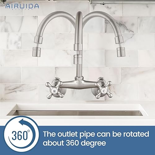 Miniatura 8 de Airuida Bruhsed Grifo de fregadero de cocina de níquel con rociador, grifo de cocina montado en la pared, centro de 6 pulgadas, asas dobles de 360