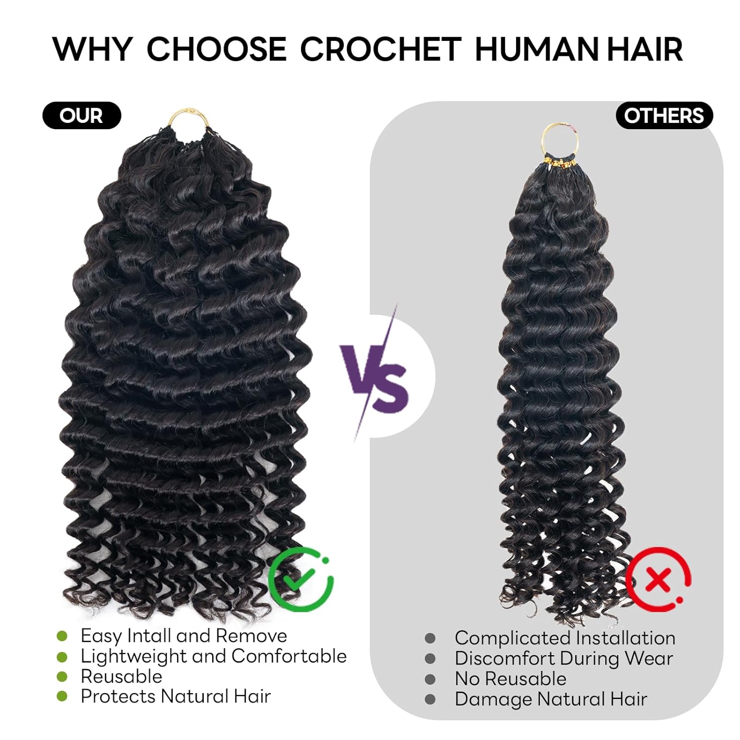 Deep Wave Crochet Human Hair 18 Inch 60g Knotless Pre-Separated Feather Human Hair Crochet Bundles Lightweight Reusable Virgin Hair Extensions for Women Natural Black