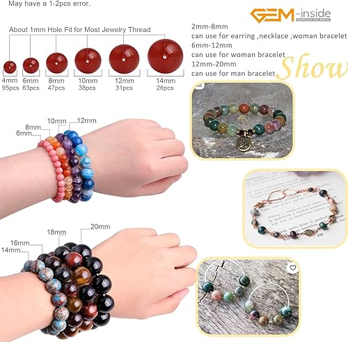 Miniatura 5 de GEM-Inside - Cuentas sueltas de ágata india natural de 0.157 pulgadas (0.157 in) con cuentas redondas de cristal energético para hacer joyas, 15