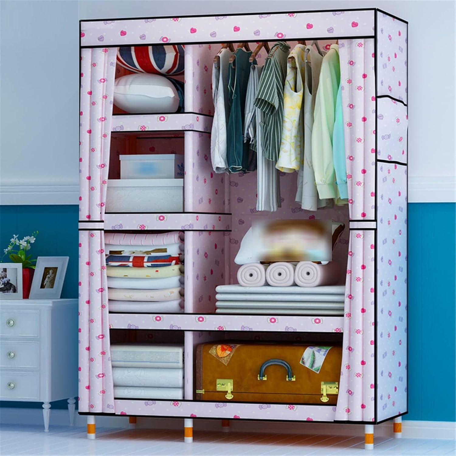 Foldable Portable Closet Wardrobe Rack - Simple Fabric Canvas Cupboard, Large Bedroom Storage Organizer, Multifunction Clothing Organizer Shelves with Side Pockets (Color : A, Size : 170 * 146CM)