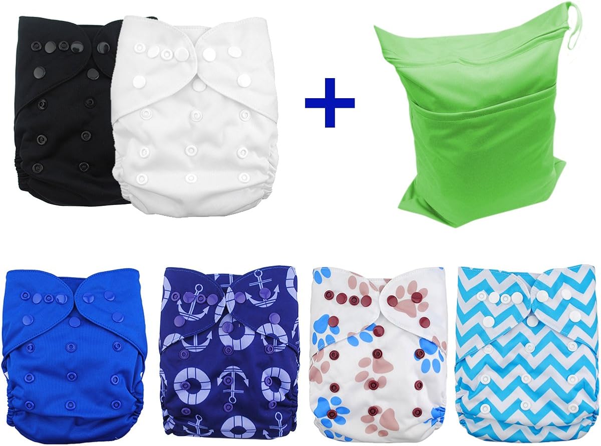 Babygoal Cloth Diaper Covers for Fitted Diapers and Prefolds with Double Gusset,Adjustable Reusable for Baby Boys, 6pcs Covers+One Wet Bag 6DCF02 : Baby