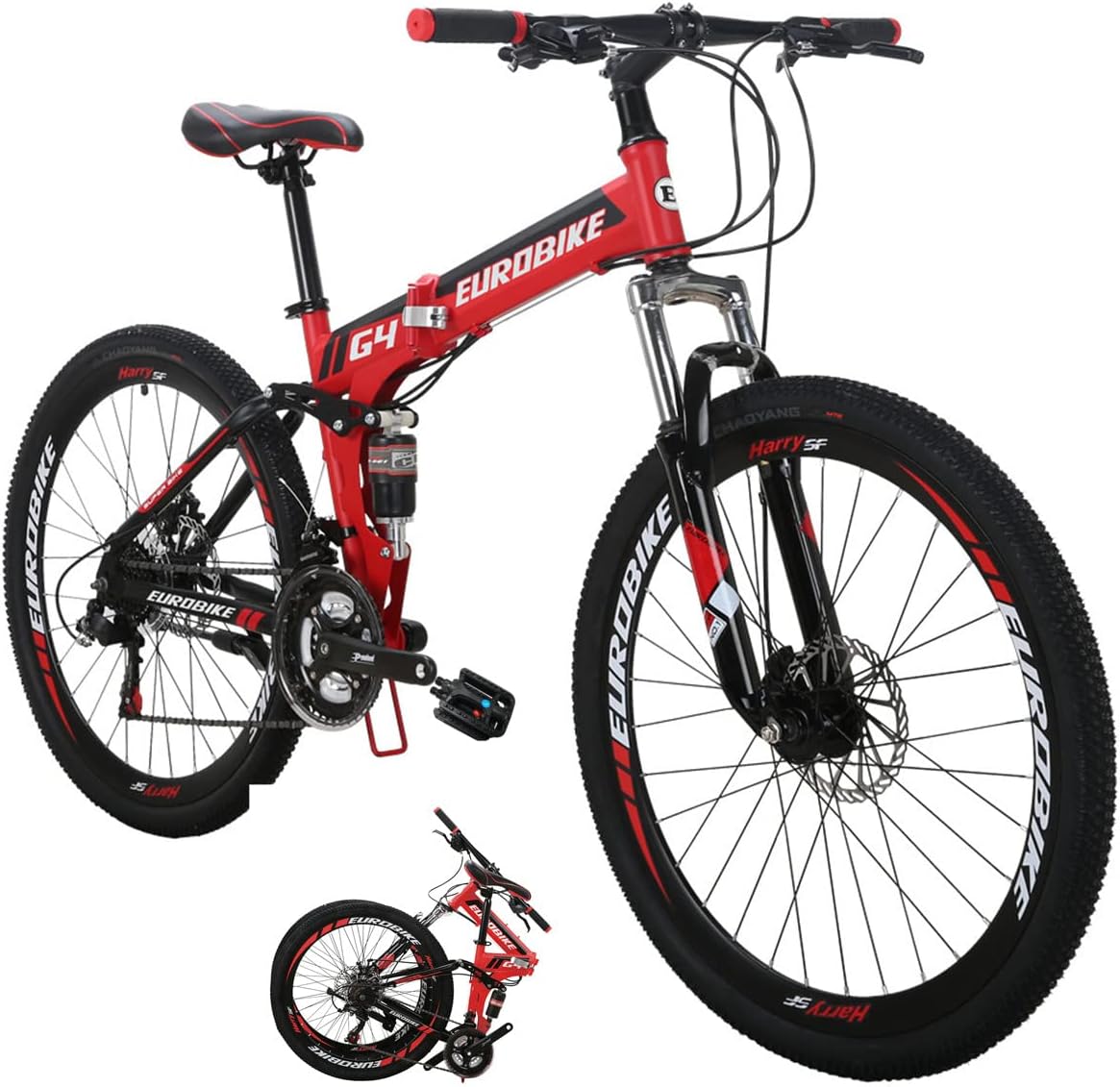 Eurobike Adult Folding Bike HY G4 Foldable Bicycle 26 Inches Muti Spoke Wheels 21 Speed Dual Suspension Mountain Bike (Red-G4 32 Spoke)