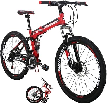 Eurobike Adult Folding Bike HY G4 Foldable Bicycle 26 Inches Muti Spoke Wheels 21 Speed Dual Suspension Mountain Bike Red-G4 32 Spoke
