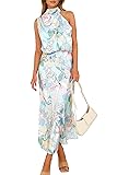 PRETTYGARDEN Women's 2026 Summer Satin Dress Elegant Sleeveless Mock Neck Cocktail Party Maxi Dresses Medium Print Blue