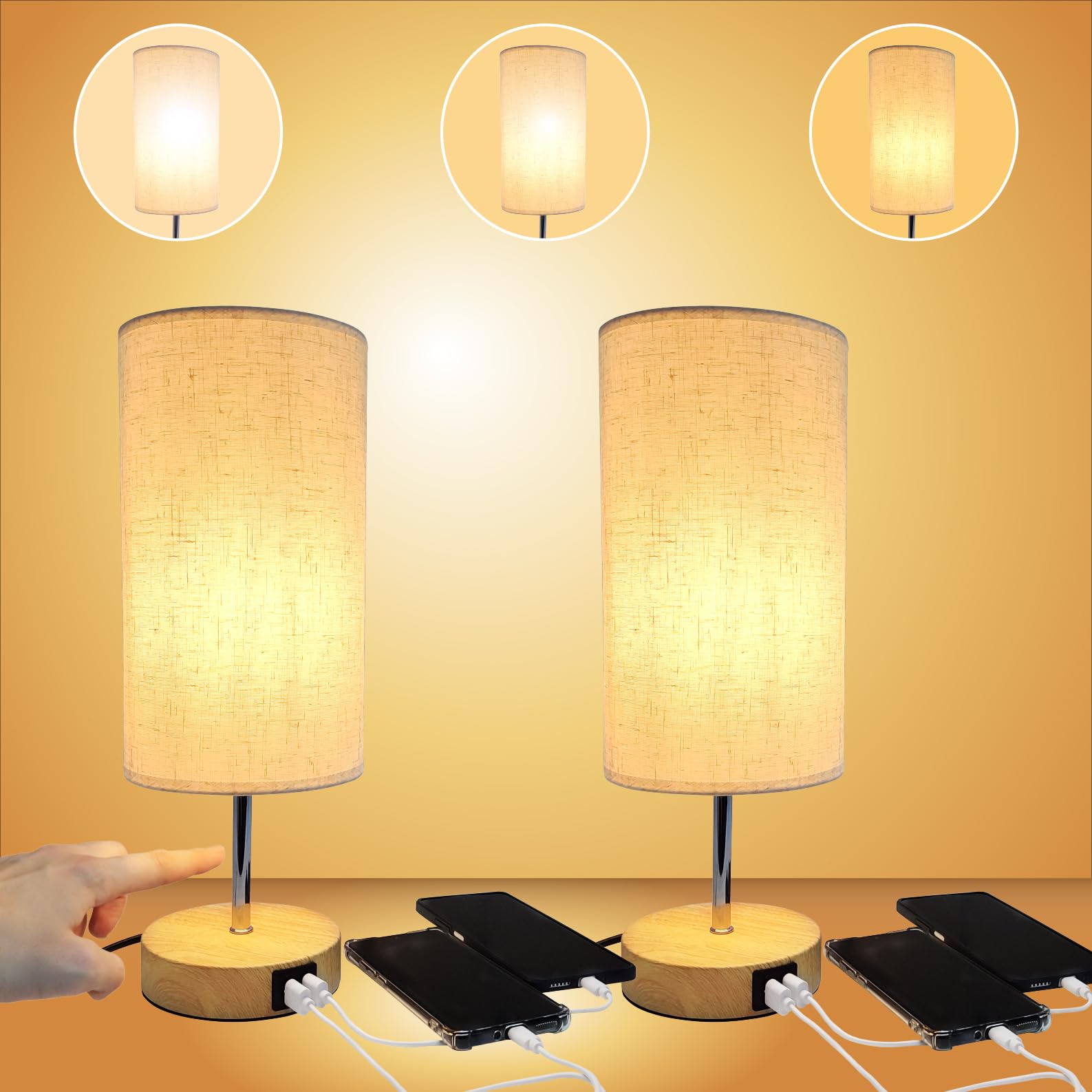 LED ATOMANT 2x LED-Nachttischlampe Beige Taktil Dimmbar 2 USB A+C