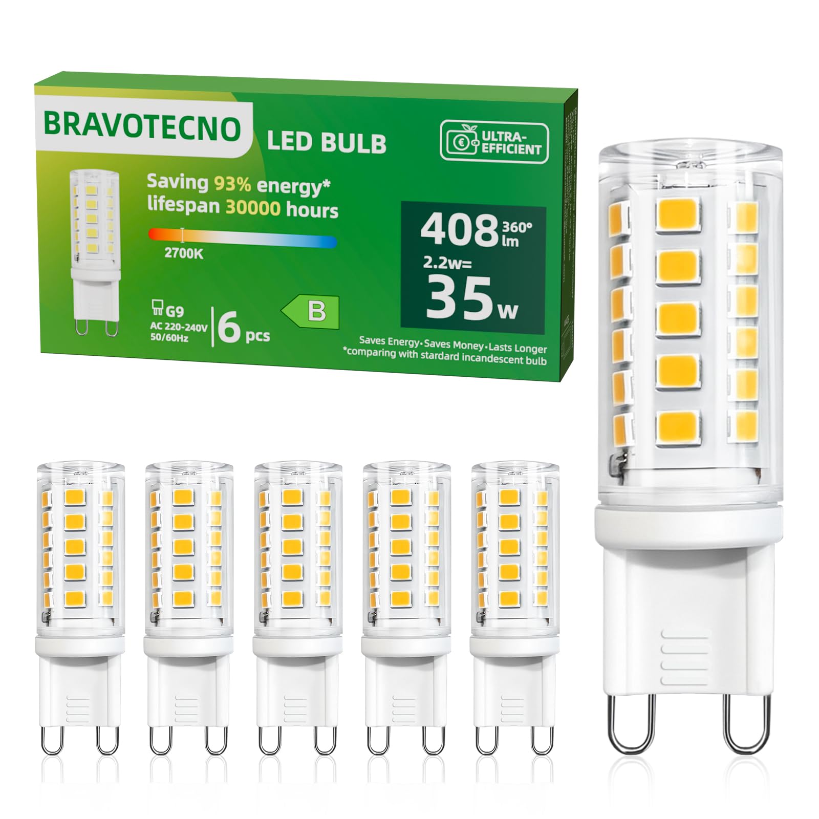 bravotecno G9 LED, Energieklasse B E14 LED Warmweiss, 2700K 2.2W 408LM G9 LED Warmweiß Entspricht 35W, 360° Abstrahlwinkel, Nicht Dimmbar, Wärmearm & Langlebig, 6 Stück